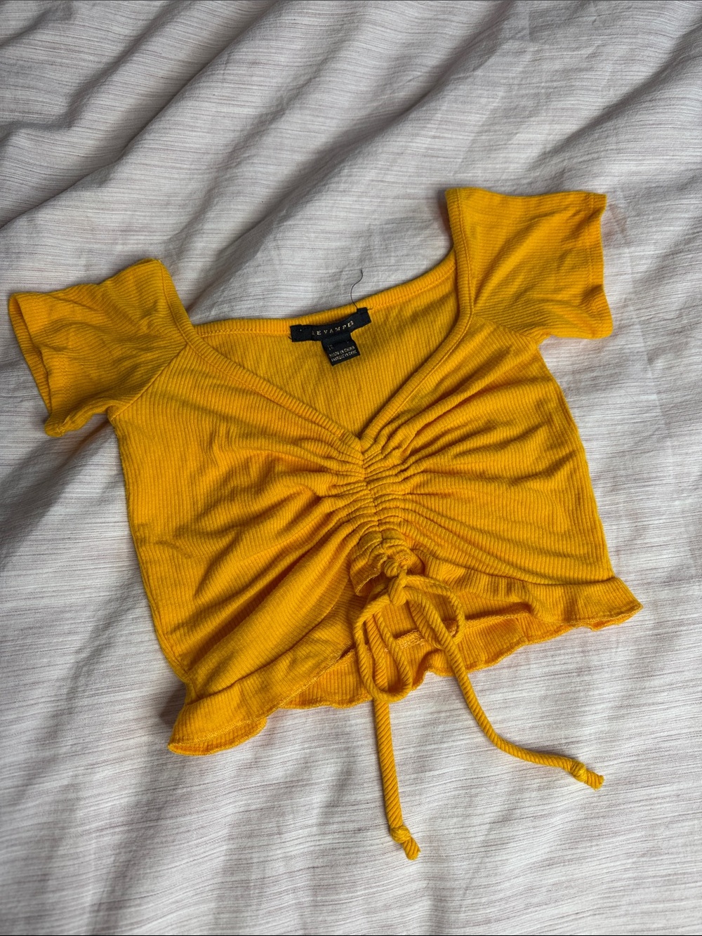 Revamped Mustard Yellow Ribbed Drawstring Crop Top - Picture 4 of 5